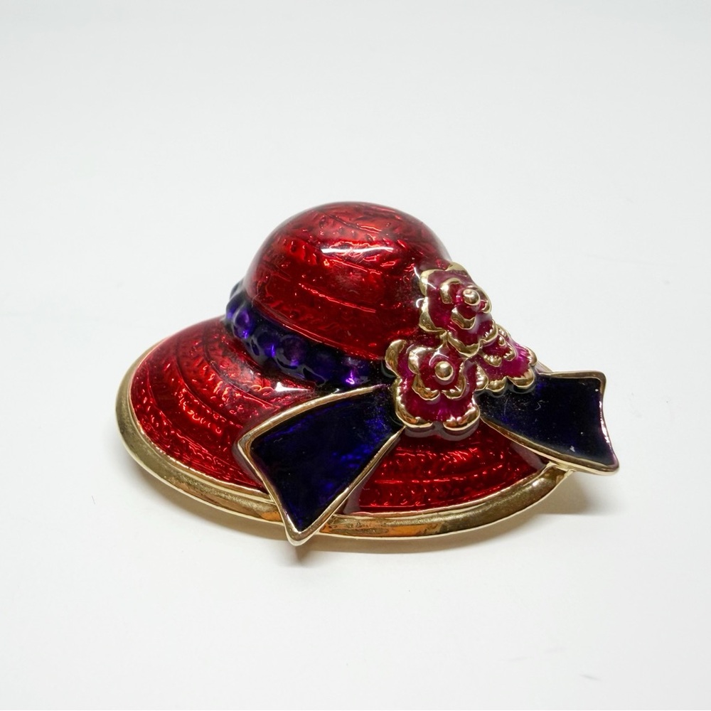 Enamel Rhinestone Floral Ribbon Red Hat Brooches - Picture 7 of 12